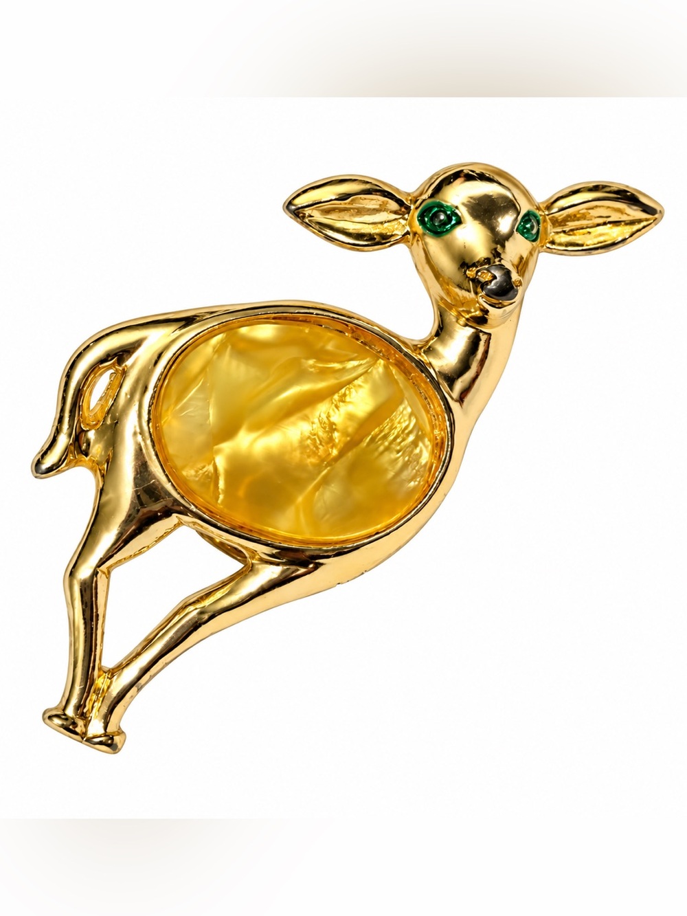 Vintage Gold Tone Deer Doe Brooch Pearlescent Yellow Cabochon Green Eyes J014